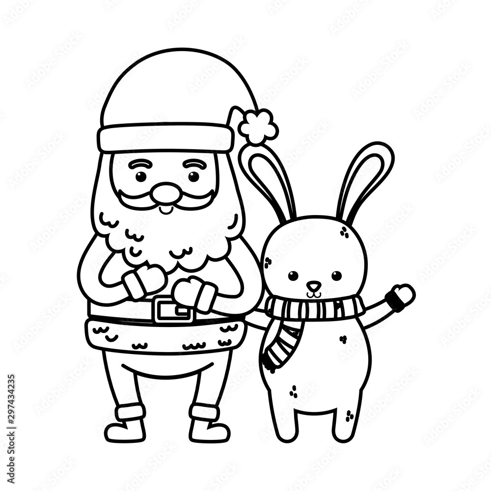cute santa with gift and rabbit merry christmas thick line