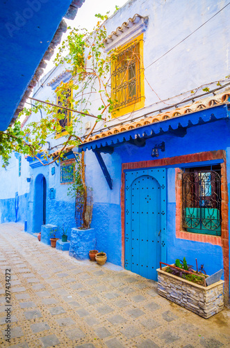 Beautiful street of blue medina in city Chefchaouen, Morocco, Africa.