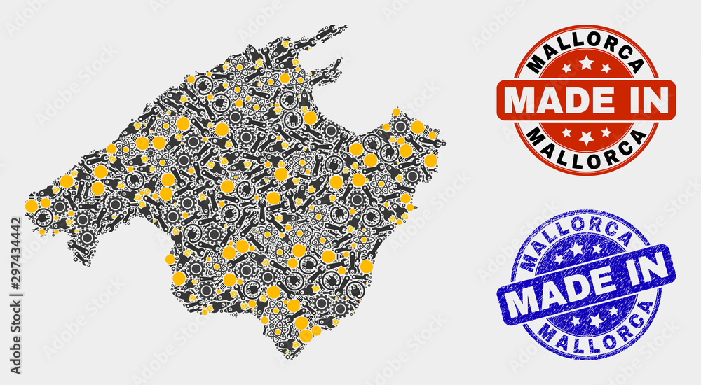 Mosaic technical Mallorca map and blue Made In textured stamp. Vector geographic abstraction model for industrial, or patriotic posters. Mosaic of Mallorca map combined of random wheel, wrenches,