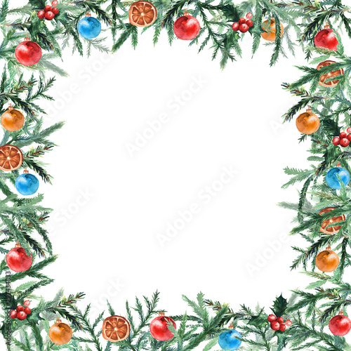 Fir tree branches border with christmas balls. Christmas and New year card, empty blank. Watercolor.