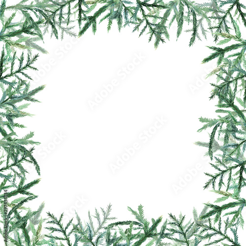 Fir tree branches border. Christmas and New year card  empty blank. Watercolor.