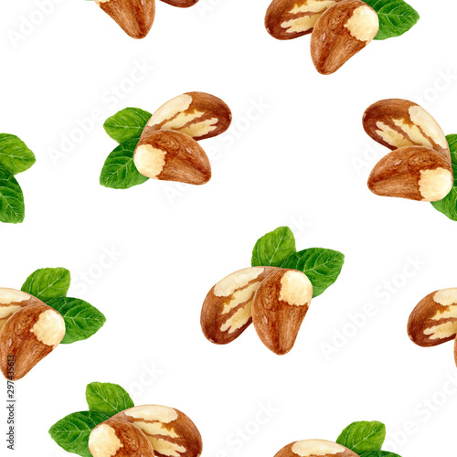 Brazil nut hand drawn watercolor illustration. Seamless pattern.