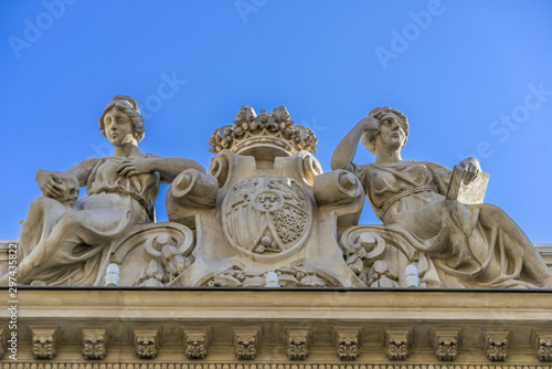 Facade detail of Real Academia Nacional de Medicina building. Built in 1912 by Luis Maria Cabello Lapiedra. Located in Arrieta Street, Madrid, Spain