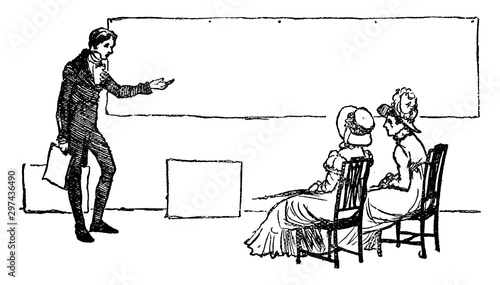 Man Instructing Women, vintage illustration