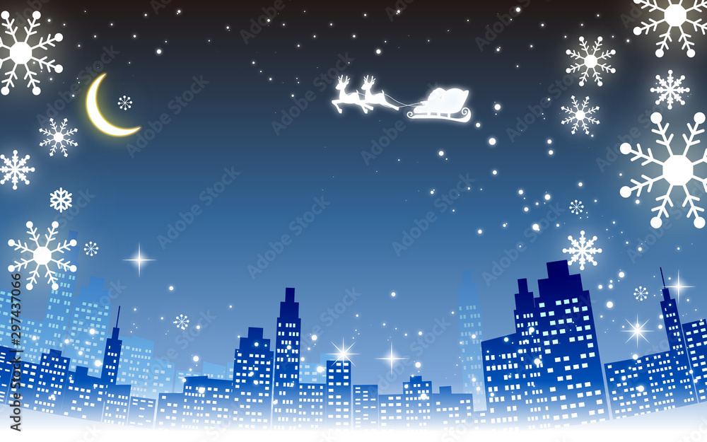クリスマスイメージ素材 都市夜景とプレゼントを運ぶサンタとトナカイシルエット 雪の結晶 Stock ベクター Adobe Stock