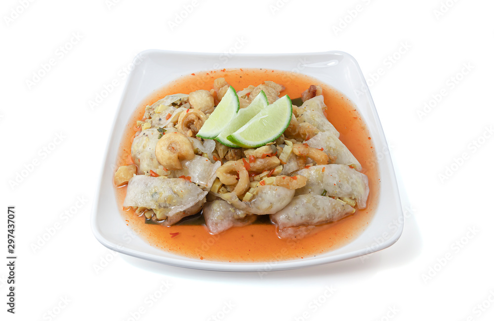 Banh cuon isolated on white background with clipping path, Vietnamese steamed rice noodle roll, Vietnamese popular breakfast food, Pork Steamed Rice Parcels or Kow Griep Pag Mor. Banh cuon isolated on white background with clipping path, Vietnamese steamed rice noodle roll, Vietnamese popular breakfast food, Pork Steamed Rice Parcels or Kow Griep Pag Mor.
