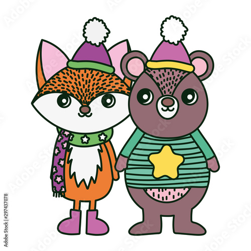 cute bear and fox with hat and scarf merry christmas