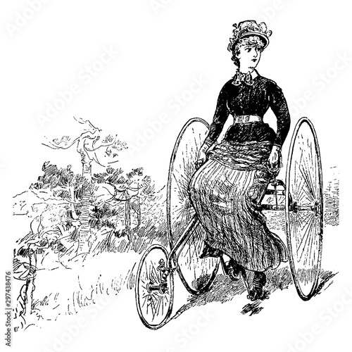 Woman on a Tricycle, vintage illustration.