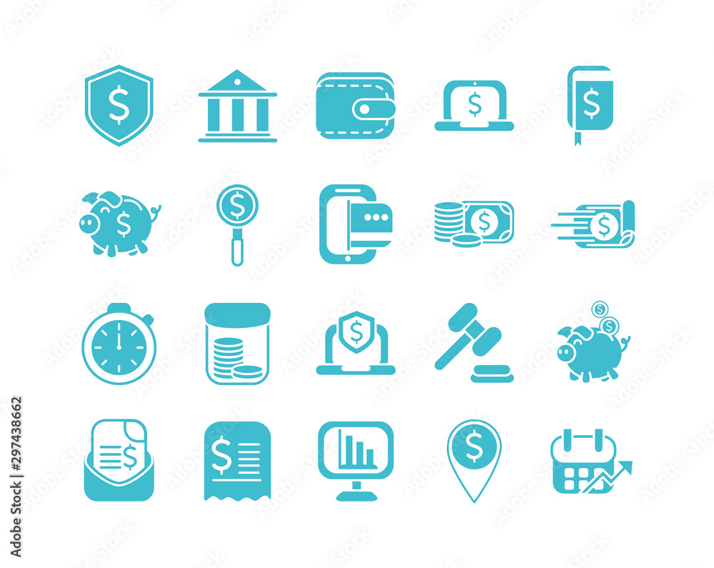 money business finance icons set color silhouette