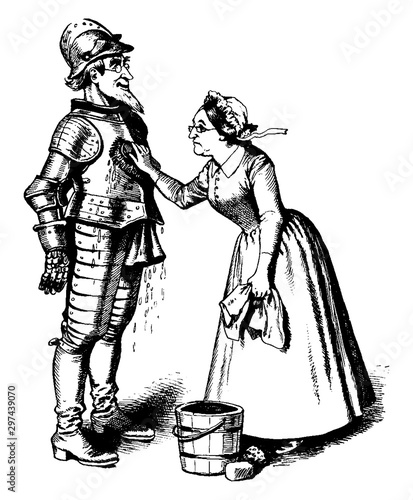 Woman Washing a Man in Armor, vintage illustration