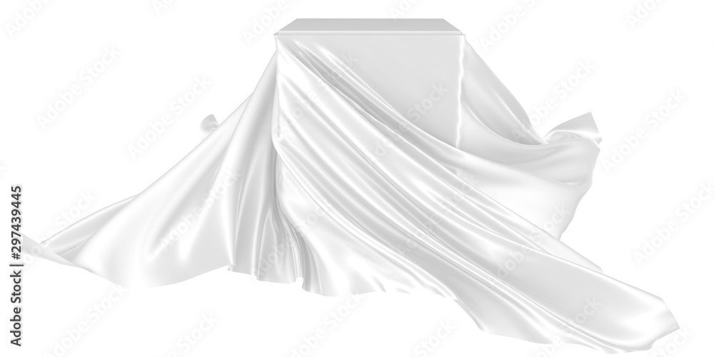 White square surface surrounded by white wavy fabric, silk or satin. 3d rendering image. White square surface surrounded by white wavy fabric, silk or satin. 3d rendering image.