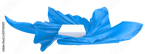 White square surface surrounded by blue wavy fabric, silk or satin. 3d rendering image.
