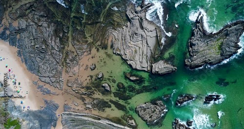 Aerial view of the Carreagem Beach and the rock formations at the in Aljezur, Algarve; 