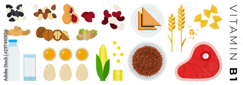 Vitamin B1 foods vector flat icons set with pasta, yolks, almond.