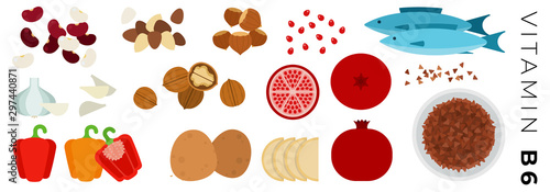 Vitamin B6 foods vector flat icons set with tuna and nuts.