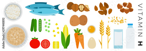 Vitamin H foods vector flat icons set with nuts, milk, vegetable.
