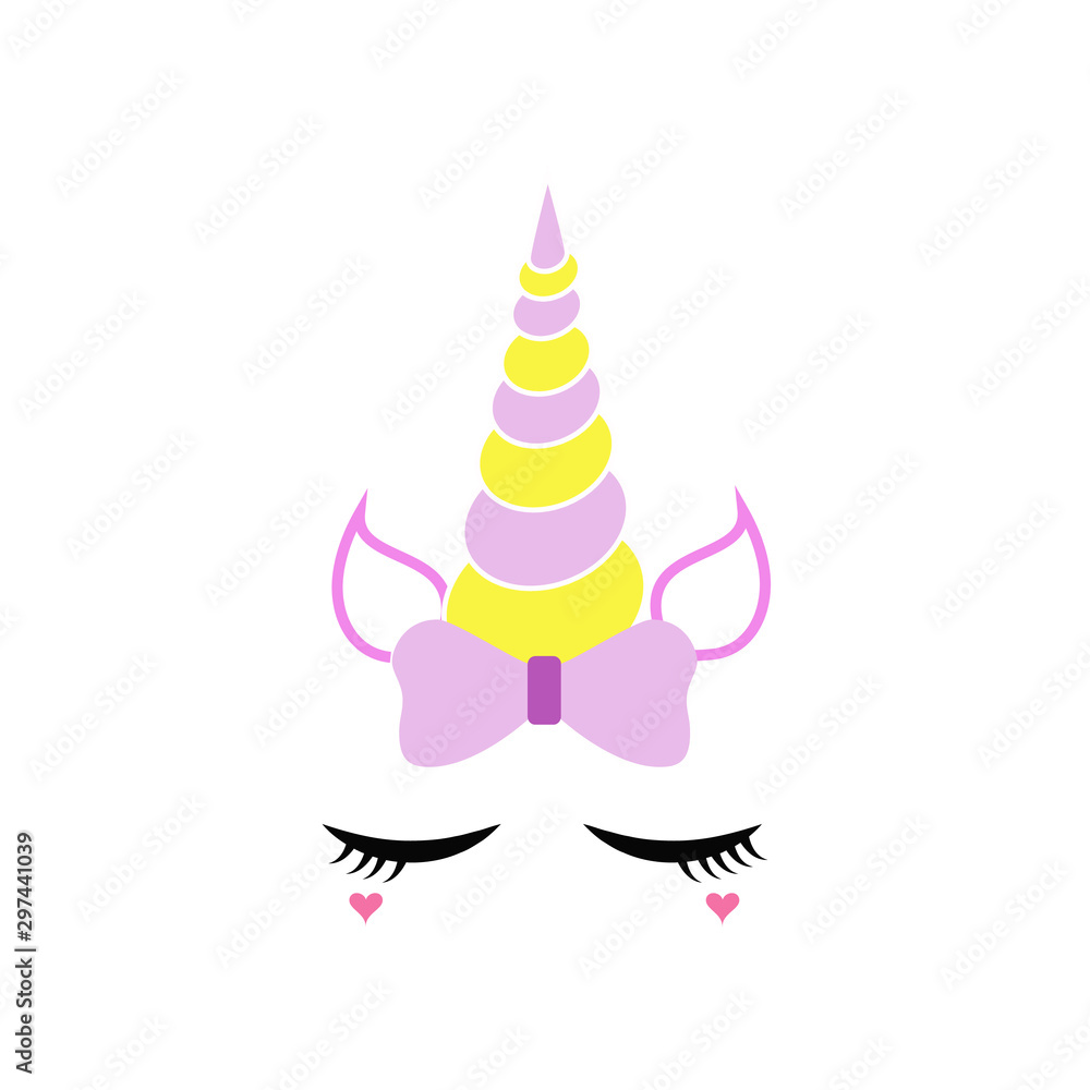 Obraz premium Cute unicorn face. Funny character with beauty eyes, bang, flower. Card and shirt print design. Colorful vector illustration isolated