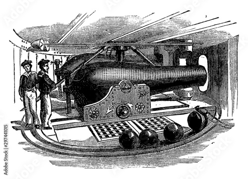 Interior of the Monitor Turret, vintage illustration.