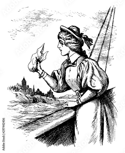 Woman Waiving Handkerchief, vintage illustration