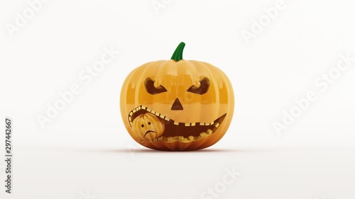 4k Halloween, decoration and holidays concept - 3D animation of a carved pumpkin or jack-o-lantern eating a smaller pumpkin