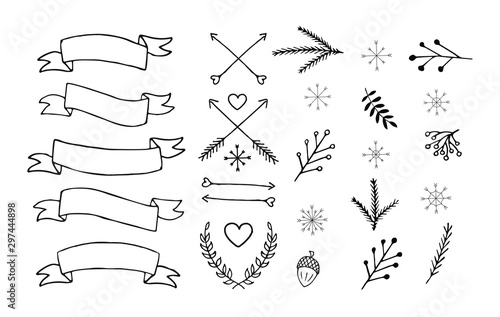 Vector Set of hand drawn doodle winter Christmas elements arrows ribbons  symbols. Bundle of black doodle isolated on white background