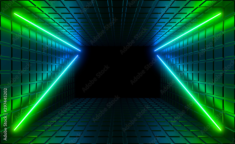 Multicolored neon lamps in a dark tunnel. Reflections on the walls. Multicolored neon lamps in a dark tunnel. Reflections on the walls.