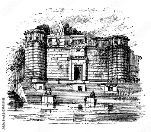 Ghoosla Ghat in Benares, vintage illustration.
