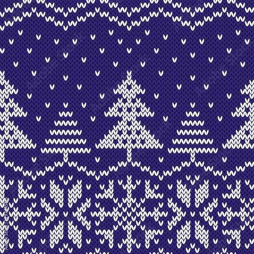 Winter fairy tale jacquard knitted seamless pattern. Christmas blue and white background.