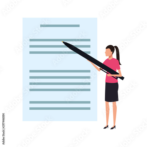 document page and avatar woman with big pen