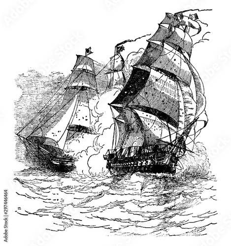 Capture of La Vengeance by Constellation, vintage illustration.