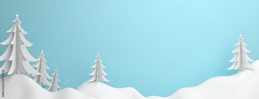 Plakat Zima panorama streszczenie tło, sosna, świerk, jodła sztuka papieru wyciąć origami z niebieskim pastelowym niebem. Kopiuj obszar tekstu na dużym obszarze. Ilustracja renderowania 3D.