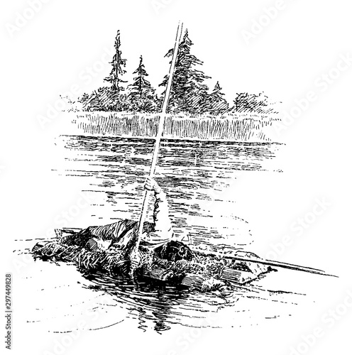 Man on Raft, vintage illustration