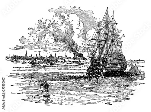 New York Harbor in Colonial Days, vintage illustration. photo