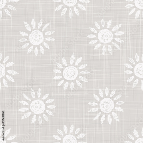 Gray French Linen Texture Background printed with White Daisy Flower. Natural Ecru Flax Fibre Bloom Seamless Pattern. Organic Yarn Close Up Weave Fabric for Wallpaper, Cloth Packaging. Vector EPS10