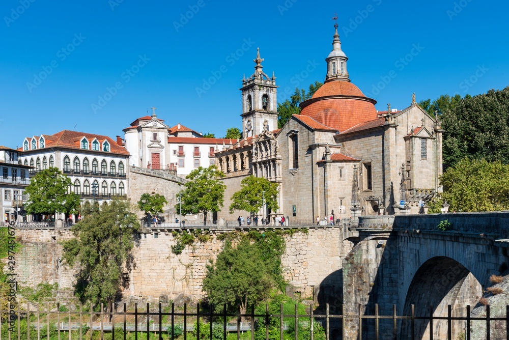 View of São Gonçalo church from across the Tamega River in Amarante, Portugal.