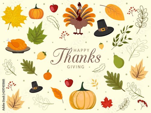Happy Thanksgiving background with vegetables and colorful leaves.