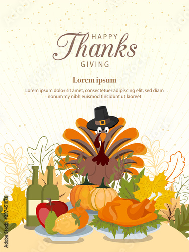 Happy Thanksgiving background with vegetables and colorful leaves.