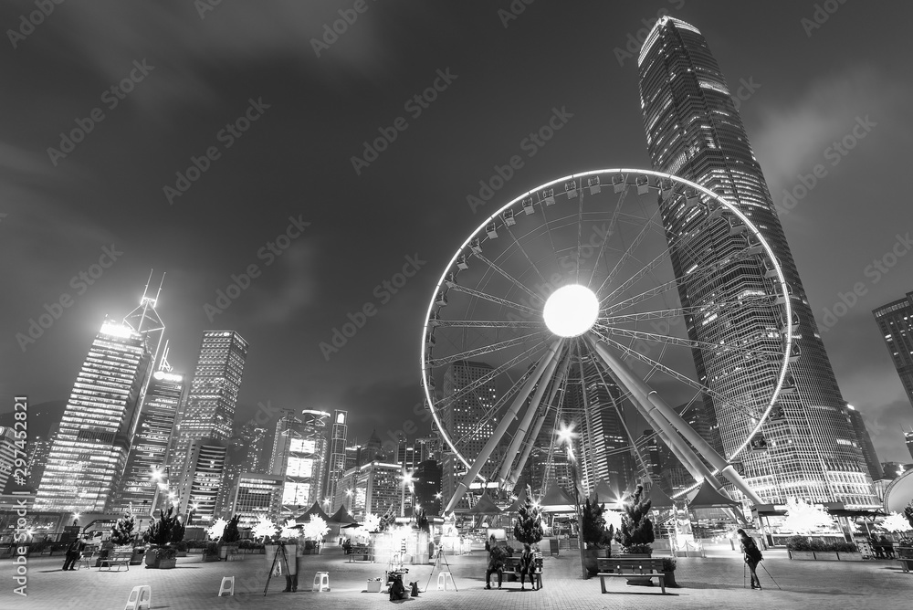 Ferris Wheel in Hong Kong City at dusk