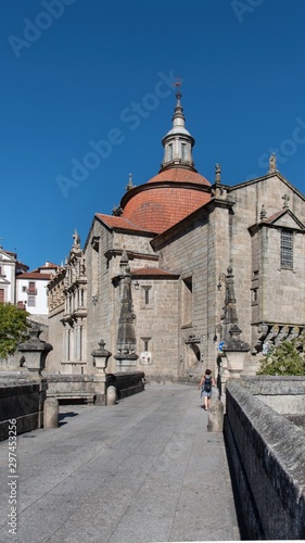 View of Sao Goncalo church from across the Tamega River in Amarante, Portugal.