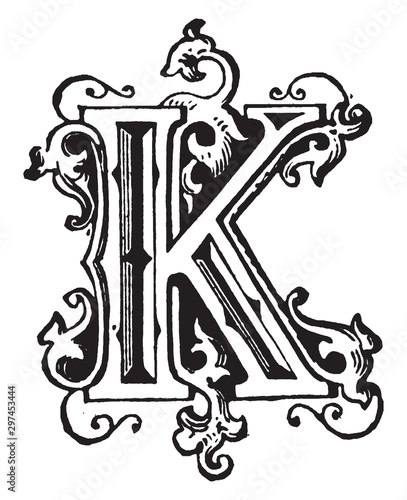 K, Ornamental letter, vintage illustration
