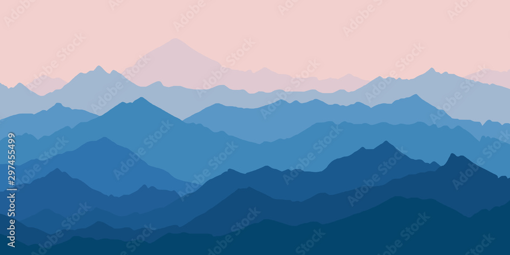 Fantasy on the theme of the morning landscape, sunrise in the mountains, vector illustration