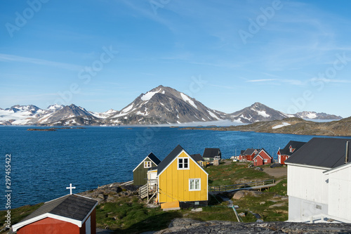 A few houses and a church with an amazing view. Greenland. 
