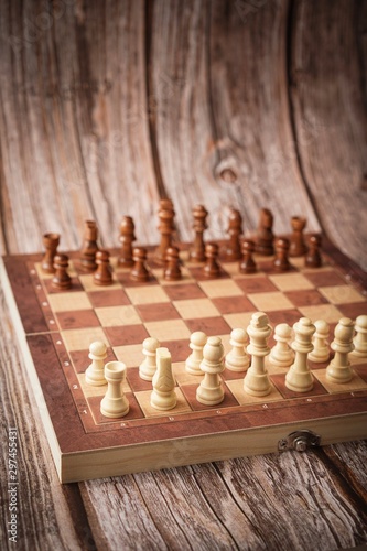 Wooden chest set on wooden background, copy space for text. strategy concept