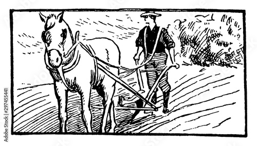 Plowing, vintage illustration