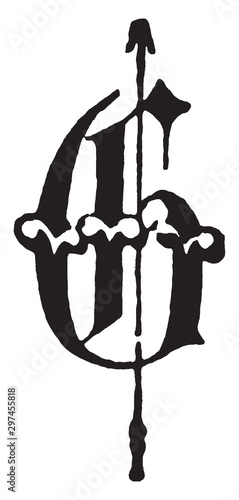 G, Old English fancy text, vintage illustration