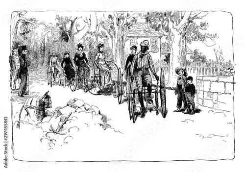 People Riding Tricycles, vintage illustration.