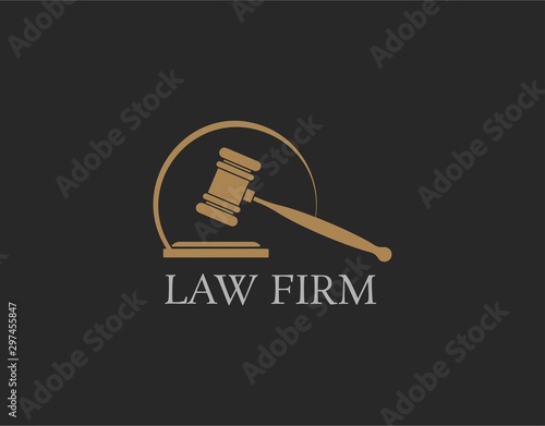 Simple, Luxury, and Classy Logo of Law Firm. Lawyer and Advocate Service Logo with Modern Concept. Designed in Gold Color Isolated on Dark Grey Background. Vector Illustration.