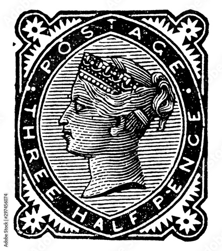 Great Britain and Ireland Three Half Pence Stamp from 1880 to 1881, vintage illustration.