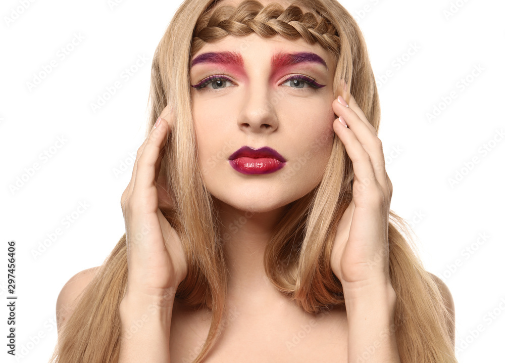 Young woman with dyed eyebrows on white background Young woman with dyed eyebrows on white background