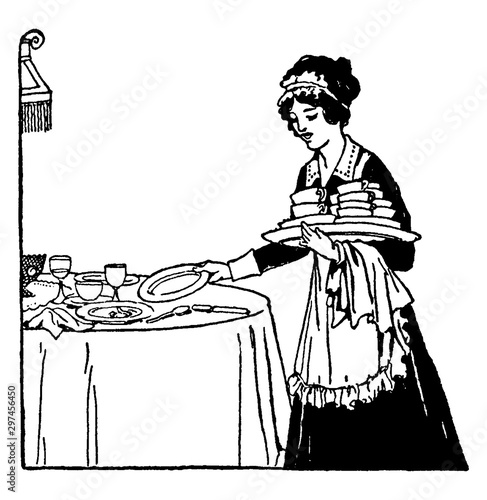 Maid Cleaning the Table, vintage illustration